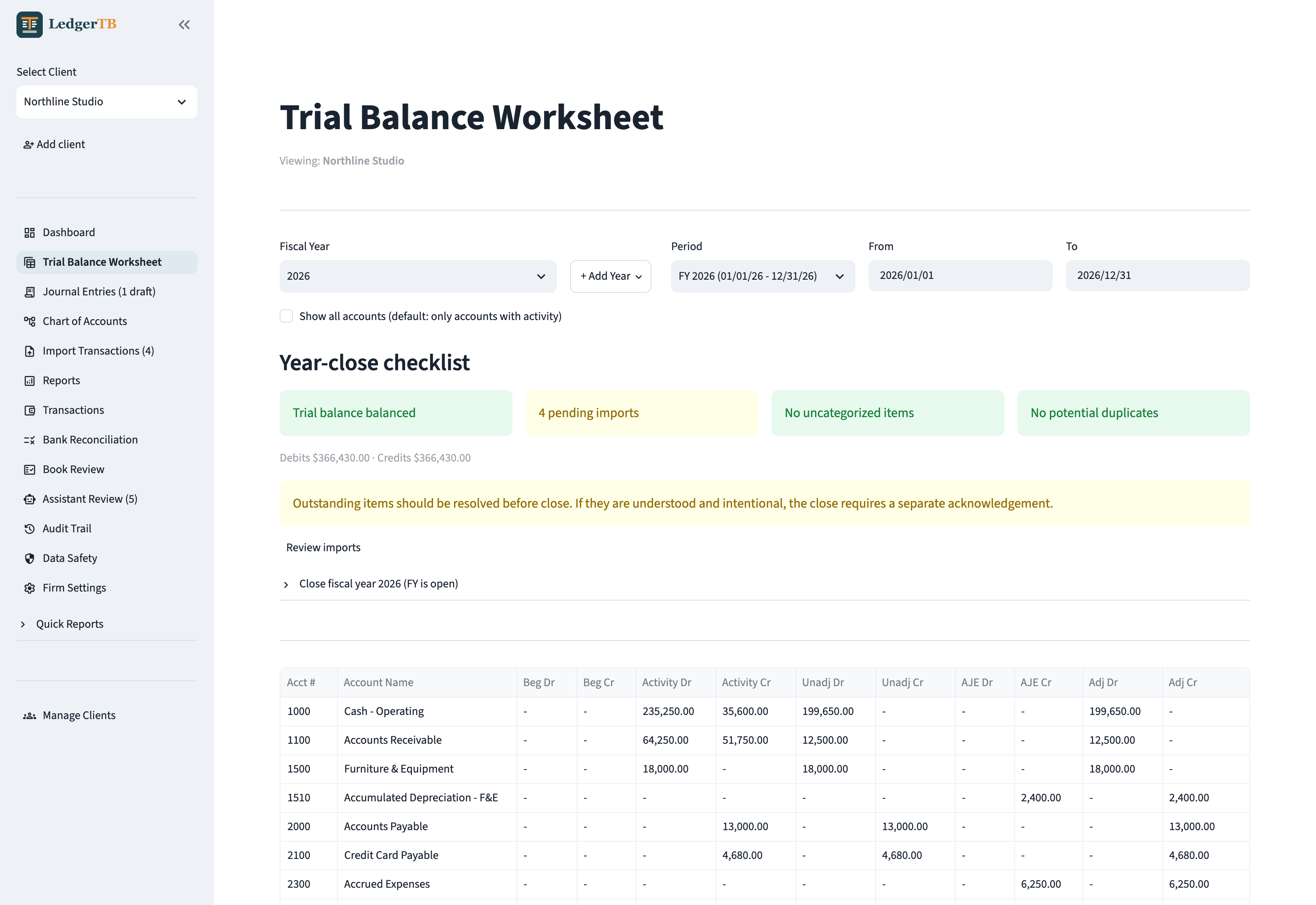 LedgerTB trial balance worksheet showing a balanced year-close checklist and debit and credit columns for a fictional sample client